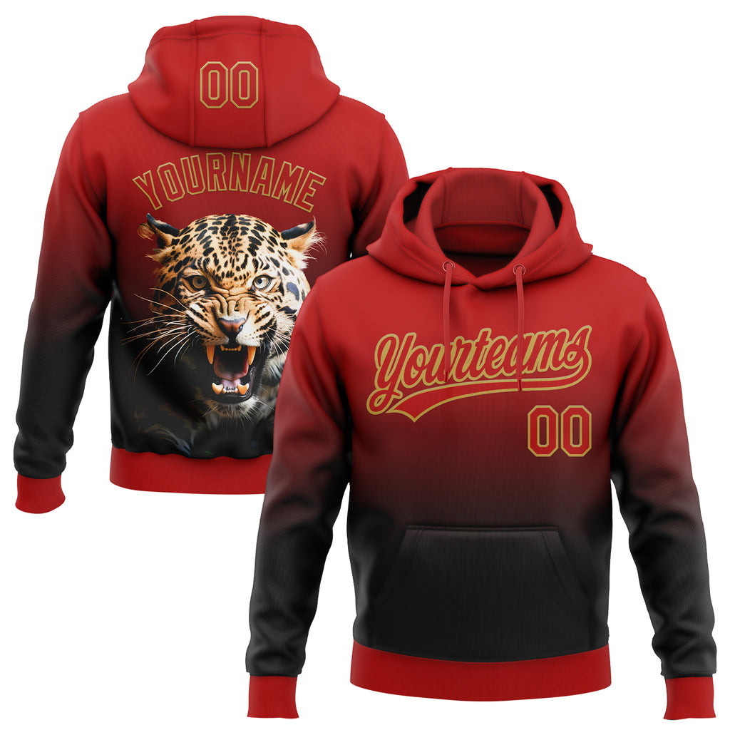 Custom Stitched Black Red-Old Gold 3D Pattern Design Leopardo Sports Pullover Sweatshirt Hoodie