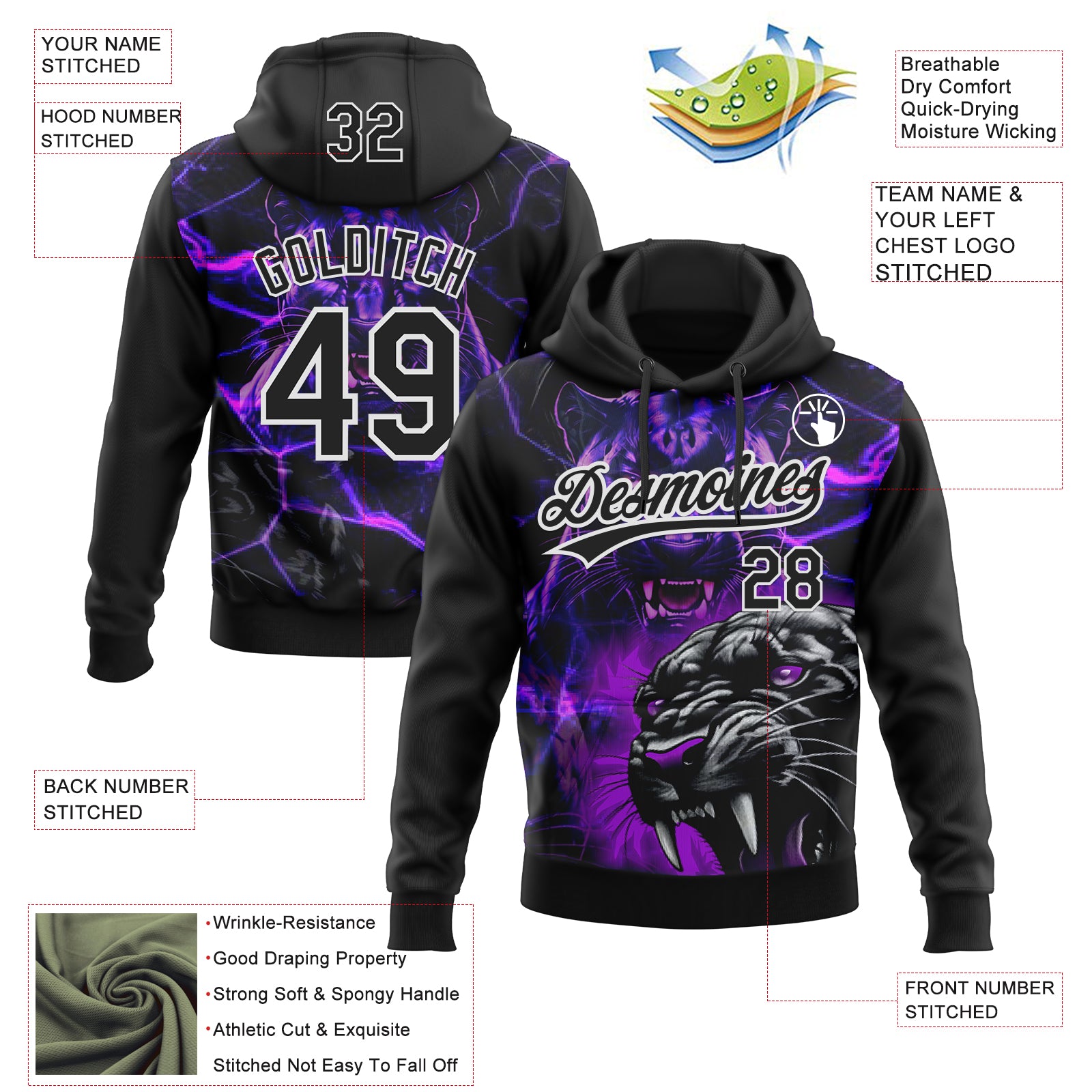 Custom Stitched Purple Black-White 3D Pattern Design Leopardo Sports Pullover Sweatshirt Hoodie