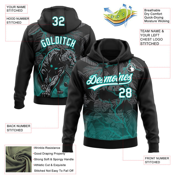 Custom Stitched Black White-Teal 3D Pattern Design Leopardo Sports Pullover Sweatshirt Hoodie