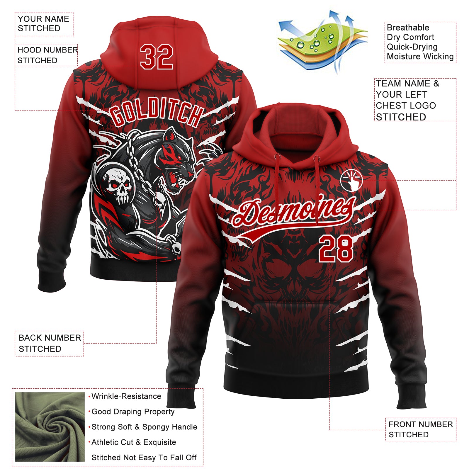 Custom Stitched Black Red-White 3D Pattern Design Leopardo Sports Pullover Sweatshirt Hoodie
