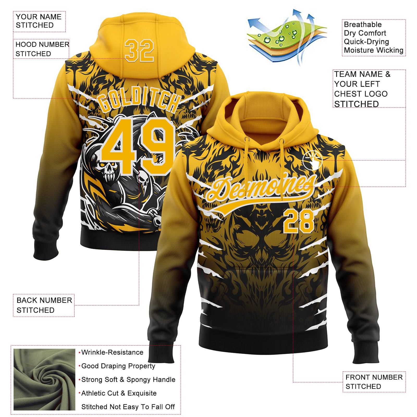 Custom Stitched Black Gold-White 3D Pattern Design Leopardo Sports Pullover Sweatshirt Hoodie