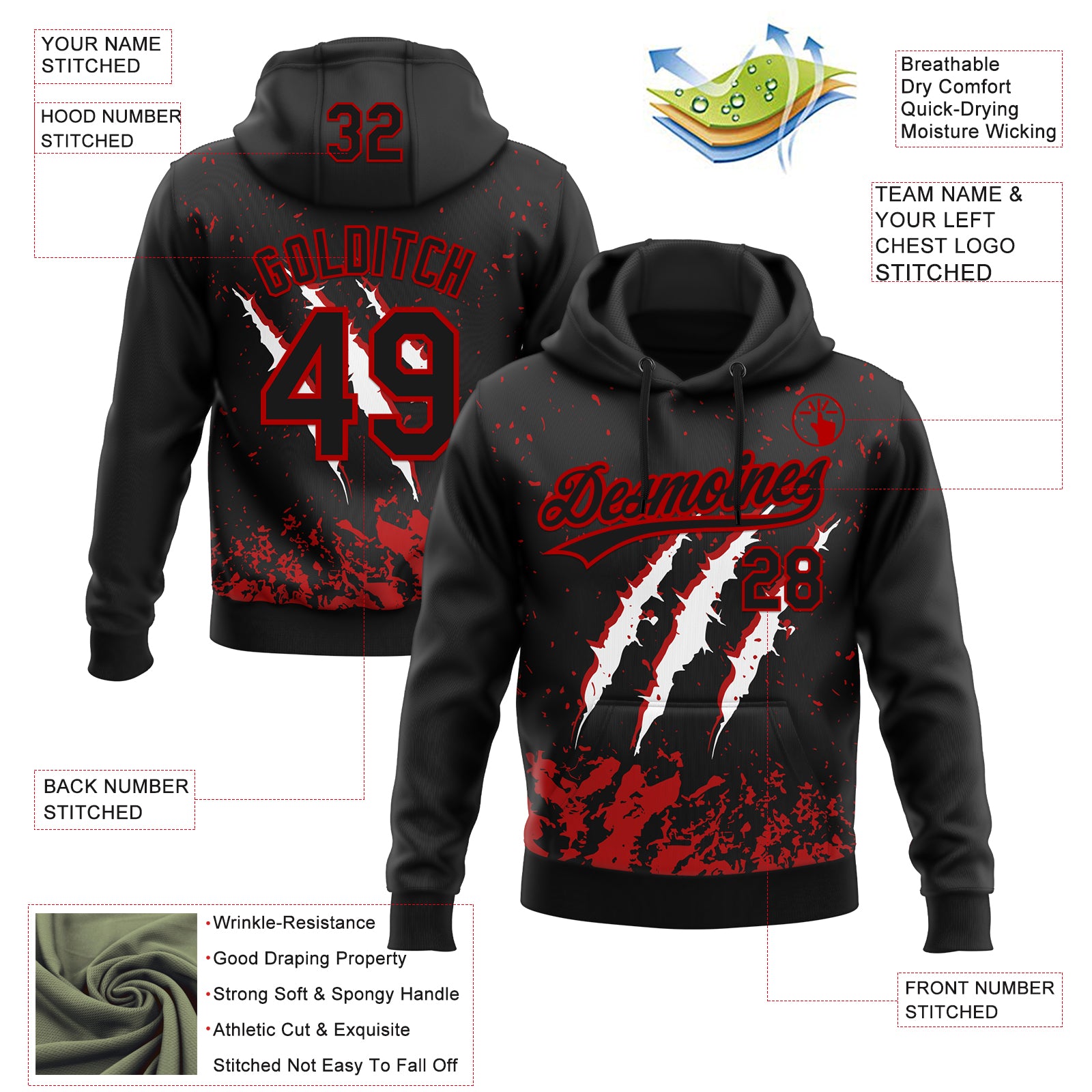 Custom Stitched Black Black-Red 3D Pattern Design Leopardo Scratch Sports Pullover Sweatshirt Hoodie