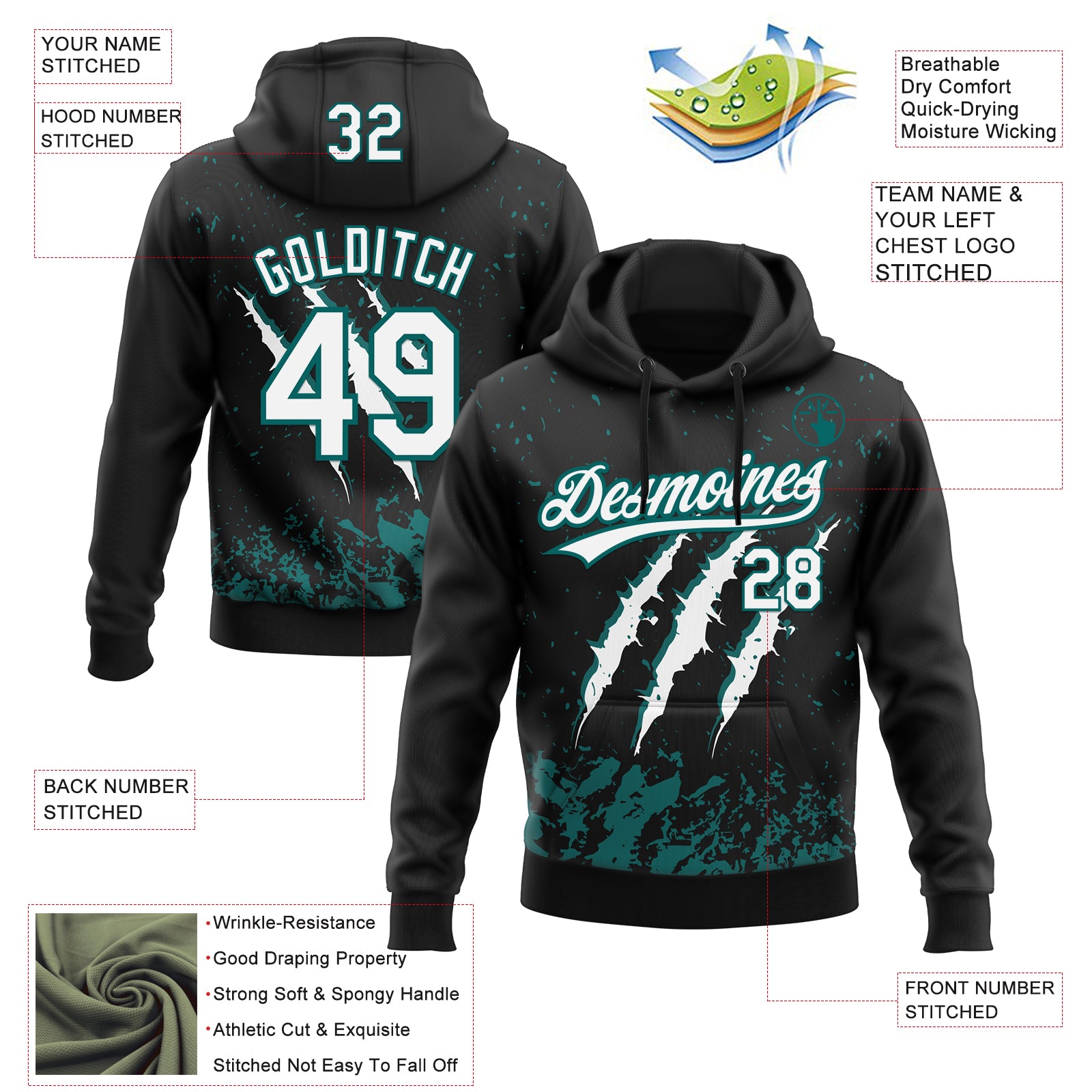 Custom Stitched Black White-Teal 3D Pattern Design Leopardo Scratch Sports Pullover Sweatshirt Hoodie