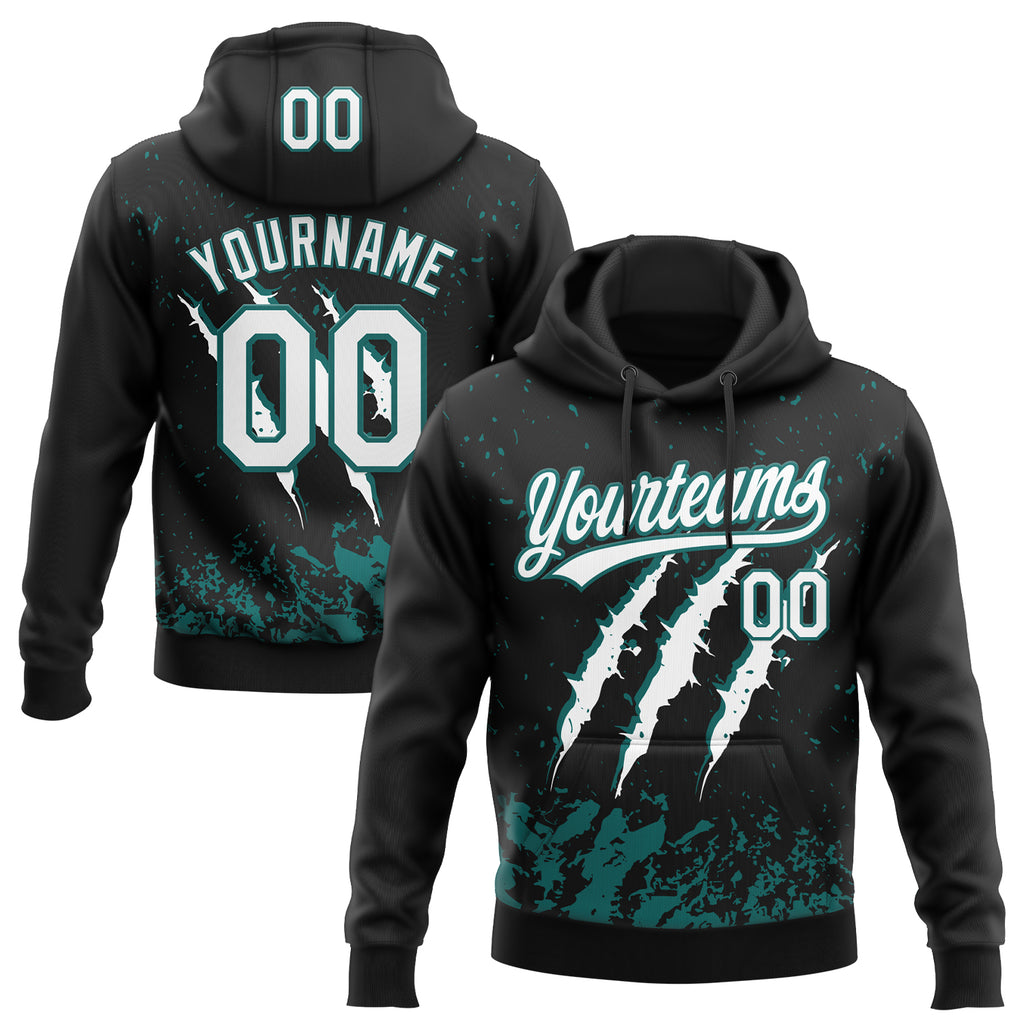 Custom Stitched Black White-Teal 3D Pattern Design Leopardo Scratch Sports Pullover Sweatshirt Hoodie