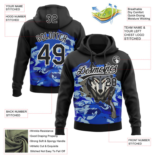 Custom Stitched Royal Black White-Sky Blue 3D Pattern Design Wolf Sports Pullover Sweatshirt Hoodie