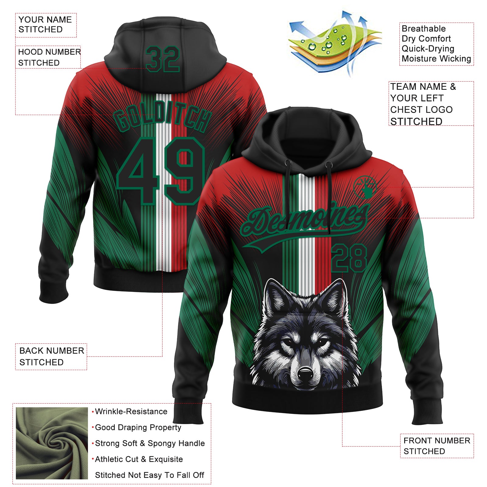 Custom Stitched Red Black-Kelly Green 3D Pattern Design Wolf Sports Pullover Sweatshirt Hoodie