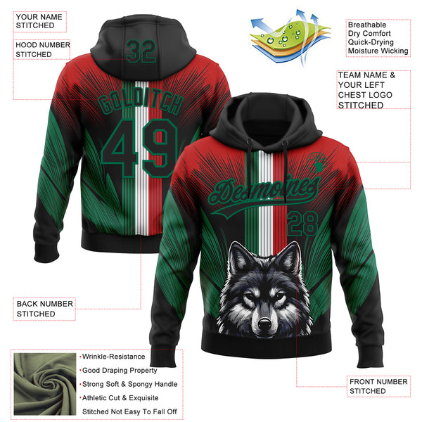 Custom Stitched Red Black-Kelly Green 3D Pattern Design Wolf Sports Pullover Sweatshirt Hoodie
