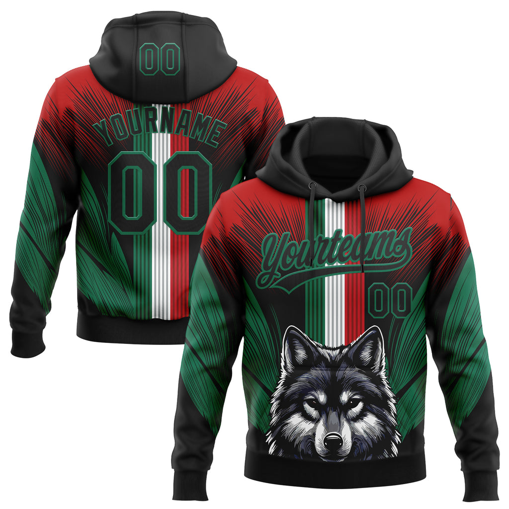 Custom Stitched Red Black-Kelly Green 3D Pattern Design Wolf Sports Pullover Sweatshirt Hoodie