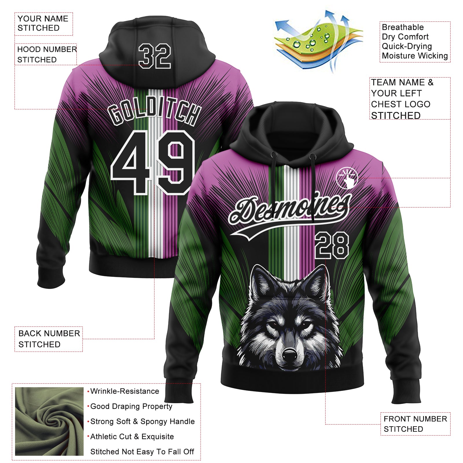 Custom Stitched Medium Purple Black White-Aurora Green 3D Pattern Design Wolf Sports Pullover Sweatshirt Hoodie