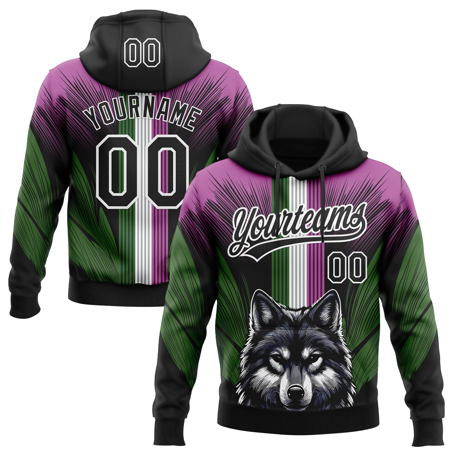 Custom Stitched Medium Purple Black White-Aurora Green 3D Pattern Design Wolf Sports Pullover Sweatshirt Hoodie