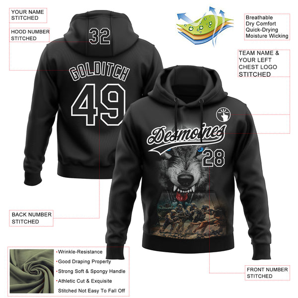 Custom Stitched Black Black-White 3D Pattern Design Wolf Sports Pullover Sweatshirt Hoodie