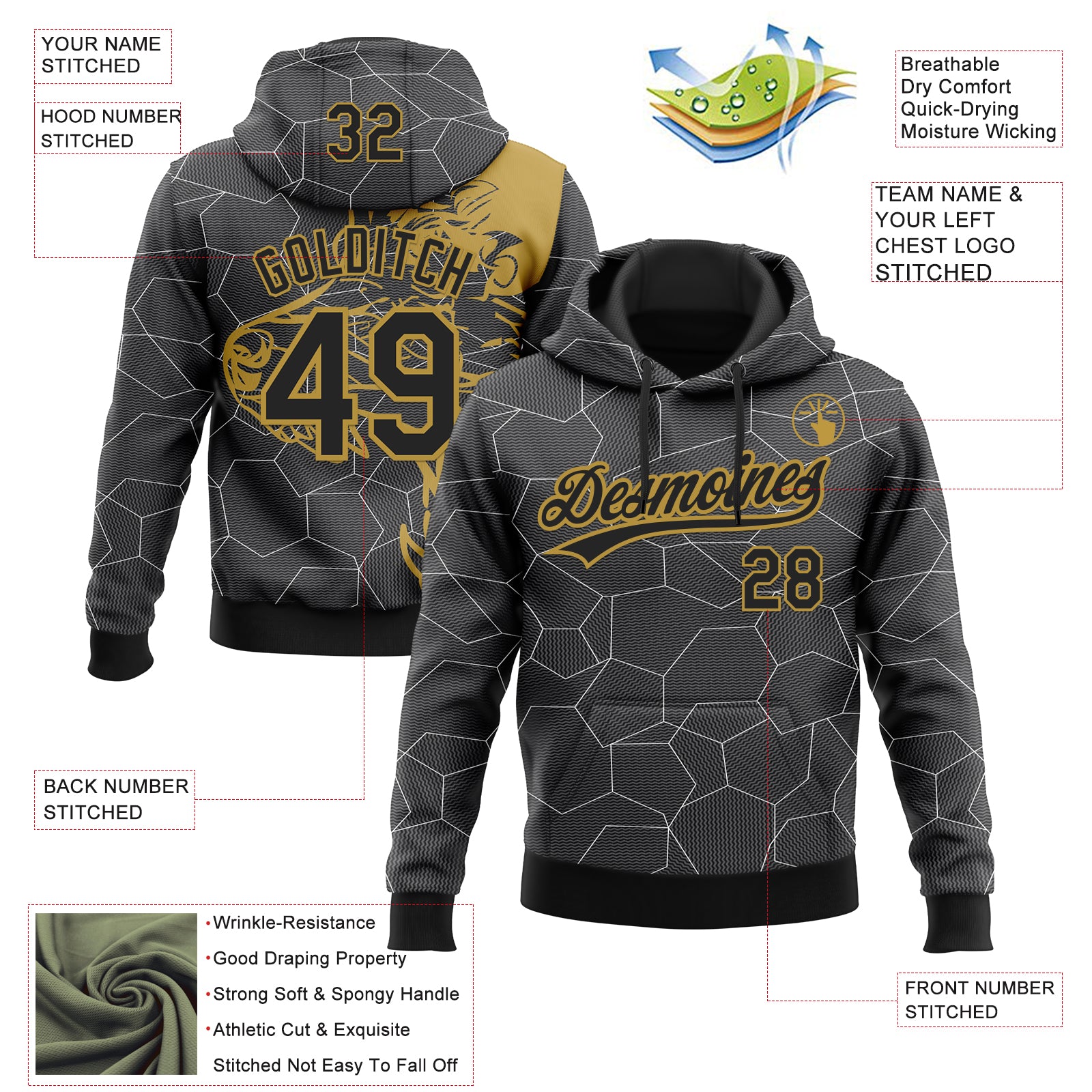 Custom Stitched Gray Black-Old Gold 3D Pattern Design Wolf Sports Pullover Sweatshirt Hoodie