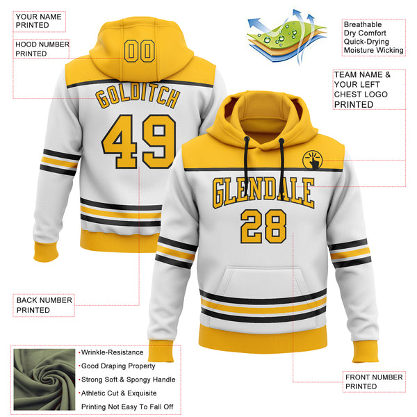 Custom White Gold-Black 3D Pattern Design Game Day Boston Inspired Sports Pullover Sweatshirt Hoodie