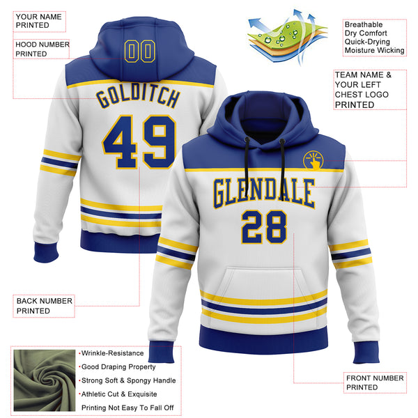 Custom White Royal-Yellow 3D Pattern Design Game Day Buffalo Inspired Sports Pullover Sweatshirt Hoodie