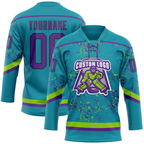 Custom Teal Purple Neon Green-Black 3D Pattern Fragment Art Hockey Lace Neck Jersey