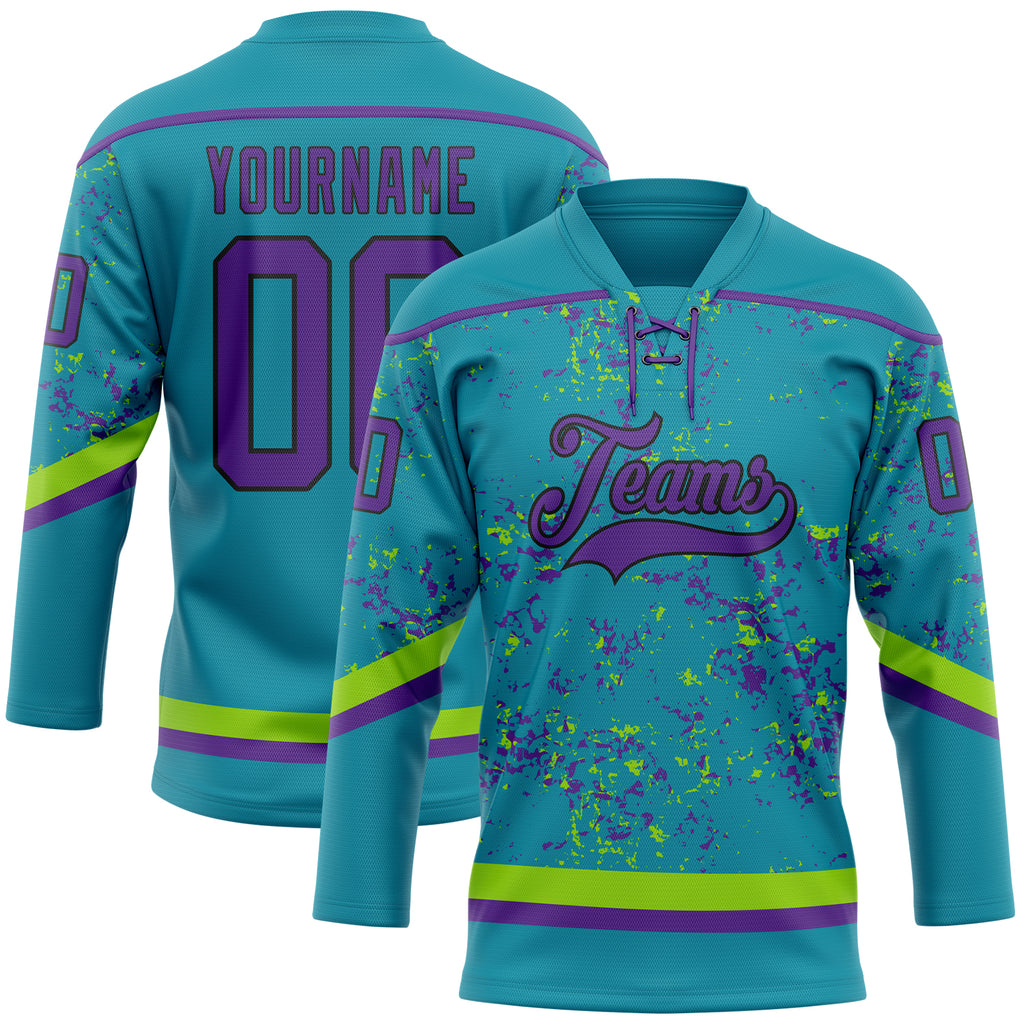 Custom Teal Purple Neon Green-Black 3D Pattern Fragment Art Hockey Lace Neck Jersey