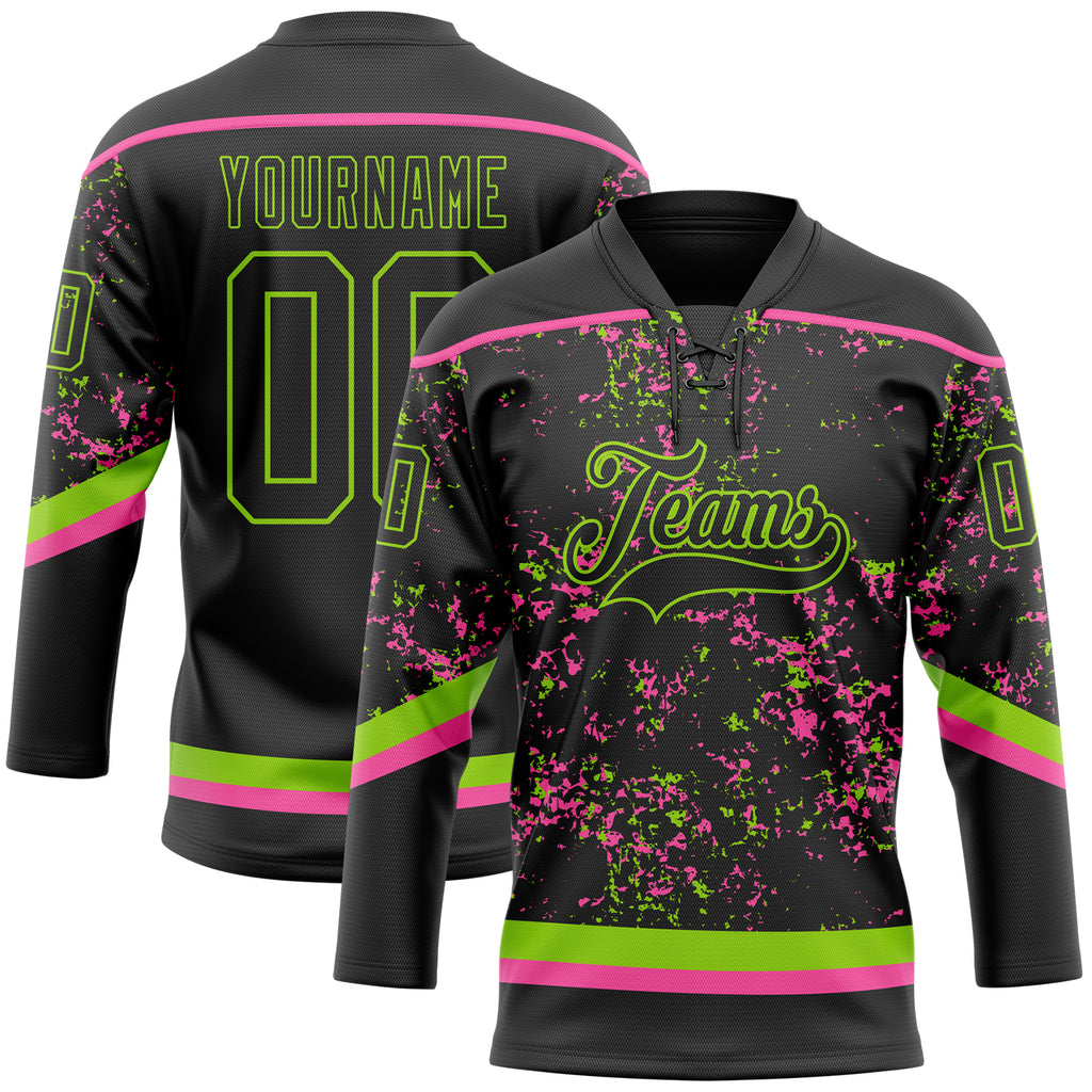 Custom Black Neon Green-Pink 3D Pattern Fragment Art Hockey Lace Neck Jersey