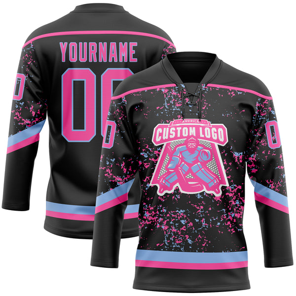 Custom Black Pink-Light Blue 3D Pattern Fragment Art Hockey Lace Neck Jersey