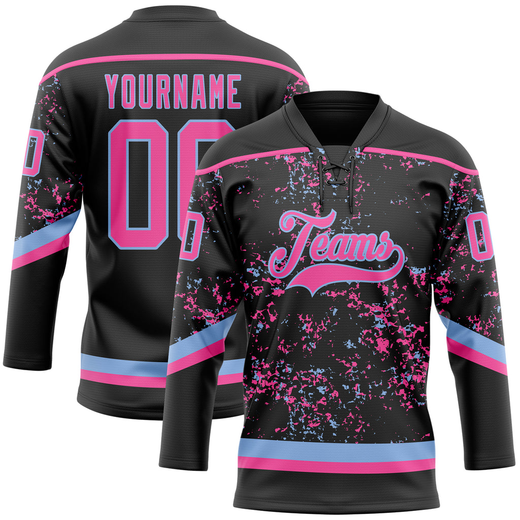 Custom Black Pink-Light Blue 3D Pattern Fragment Art Hockey Lace Neck Jersey