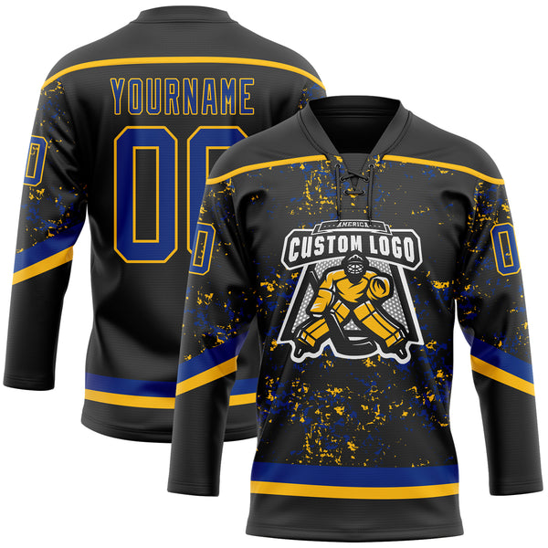 Custom Black Royal-Gold 3D Pattern Fragment Art Hockey Lace Neck Jersey