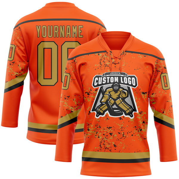 Custom Orange Old Gold-Black 3D Pattern Fragment Art Hockey Lace Neck Jersey