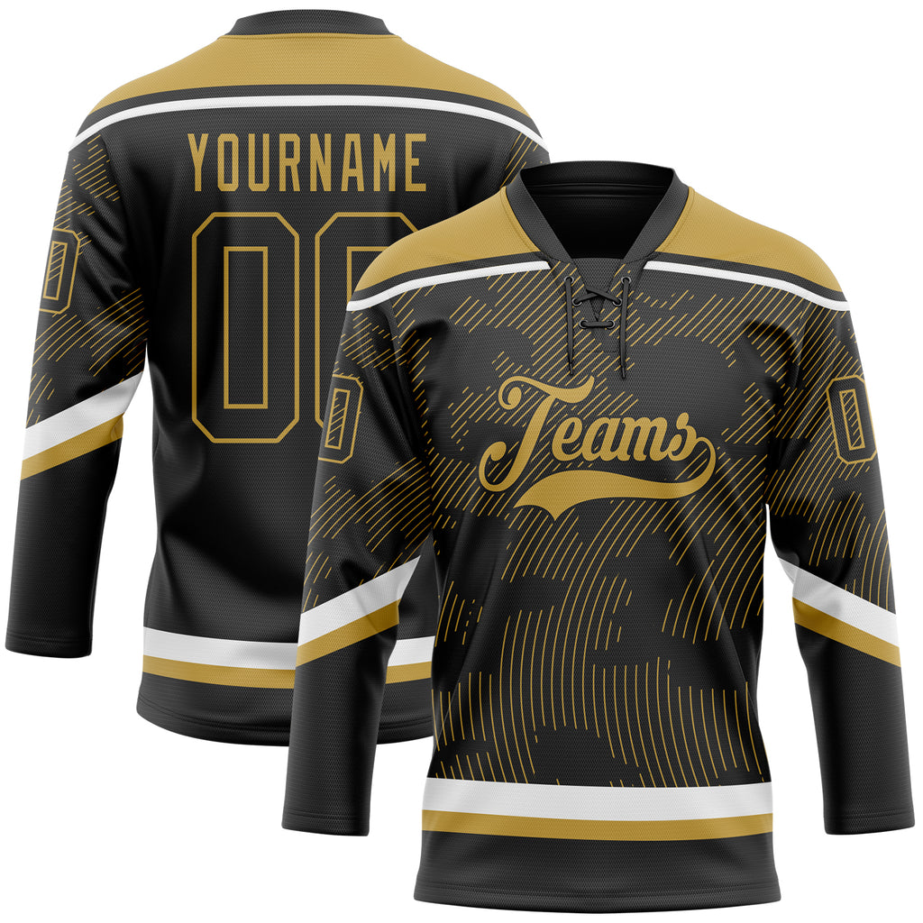 Custom Black Old Gold-White 3D Pattern Curve Lines Hockey Lace Neck Jersey