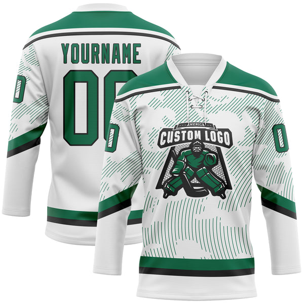 Custom White Kelly Green-Black 3D Pattern Curve Lines Hockey Lace Neck Jersey