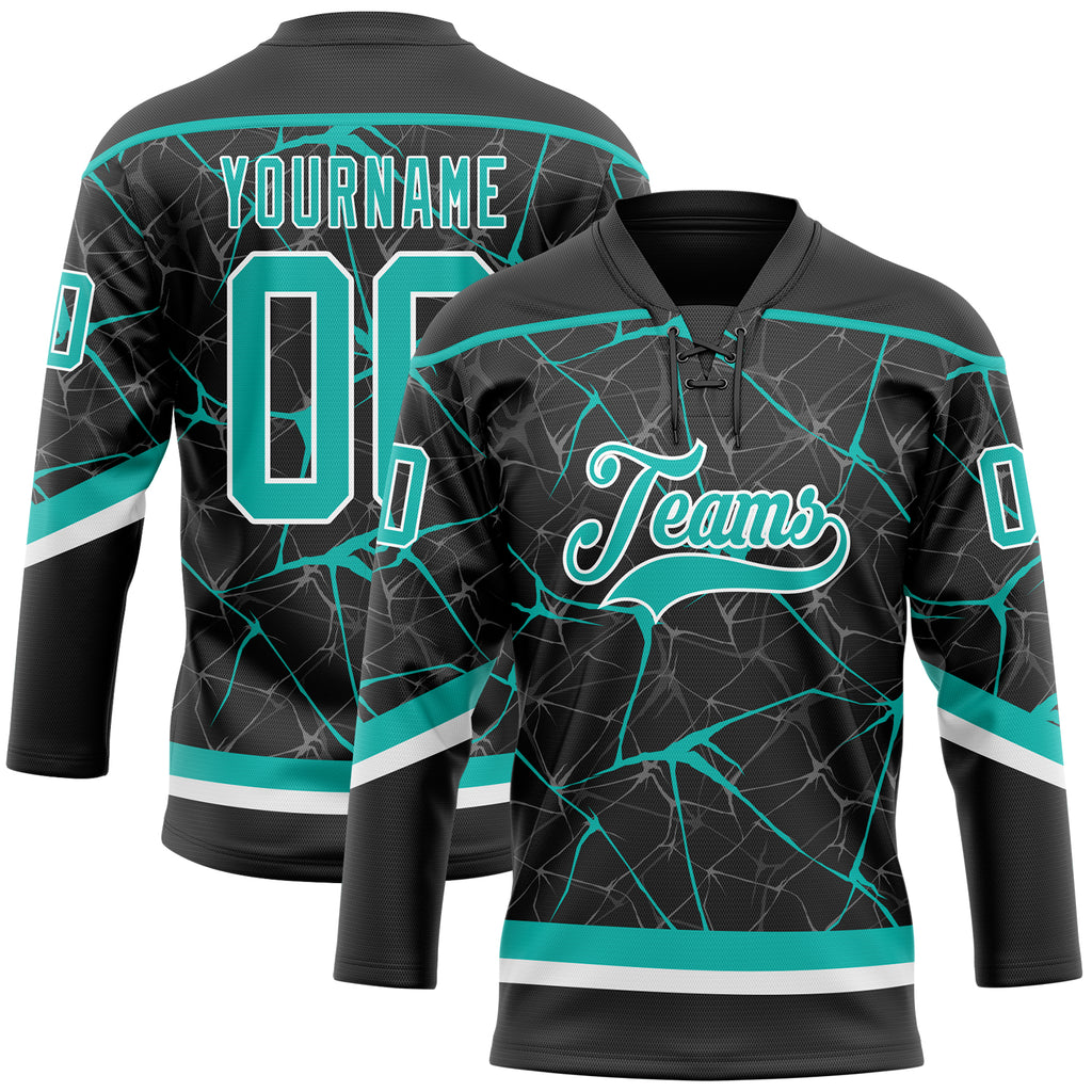 Custom Black Aqua-White 3D Pattern Abstract Network Hockey Lace Neck Jersey