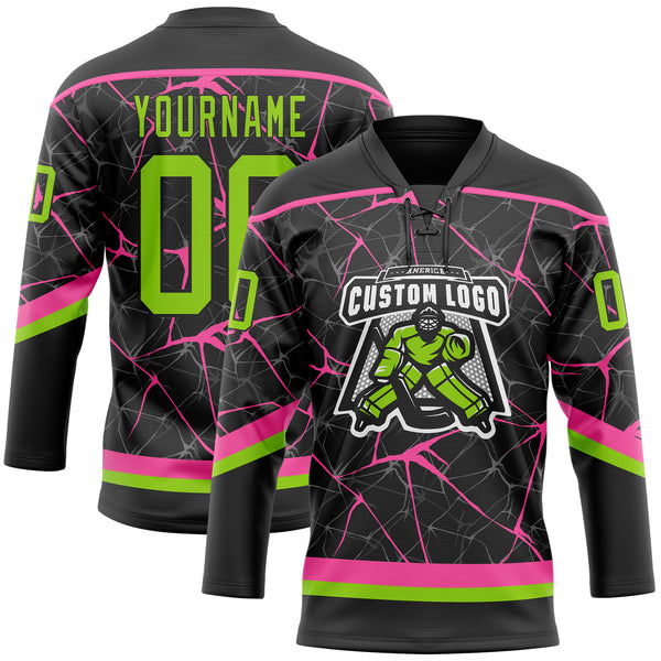 Custom Black Neon Green-Pink 3D Pattern Abstract Network Hockey Lace Neck Jersey