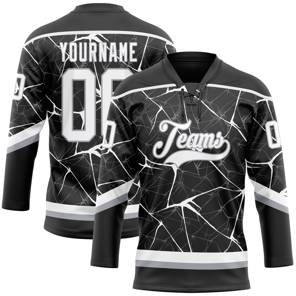 Custom Black White-Gray 3D Pattern Abstract Network Hockey Lace Neck Jersey