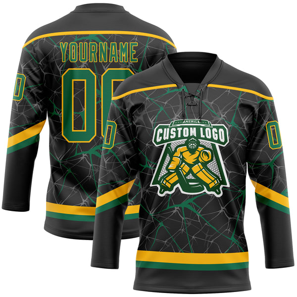 Custom Black Kelly Green-Gold 3D Pattern Abstract Network Hockey Lace Neck Jersey