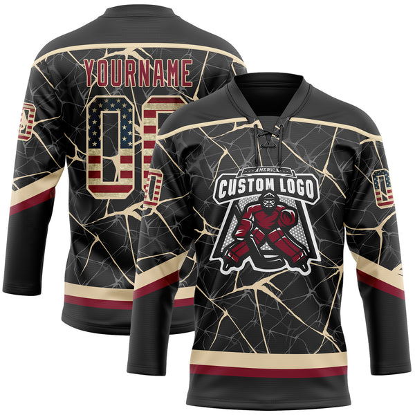 Custom Black Vintage USA Flag Crimson-City Cream 3D Pattern Abstract Network Hockey Lace Neck Jersey