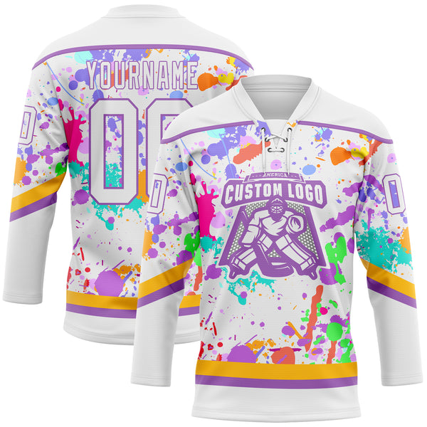 Custom Graffiti Pattern White Medium Purple-Gold 3D Splash Art Hockey Lace Neck Jersey