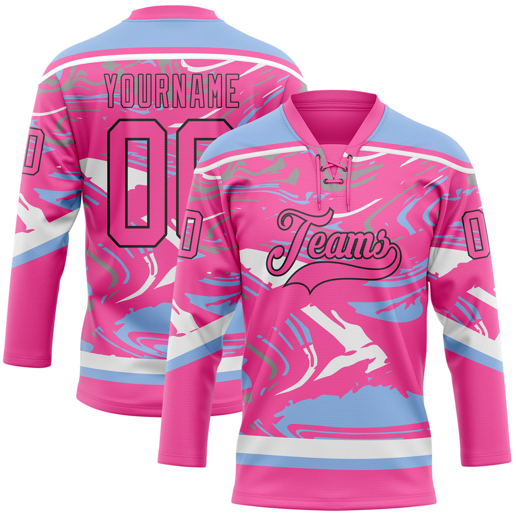 Custom Figure Pink Light Blue Black-White 3D Pattern Fluid Art Hockey Lace Neck Jersey