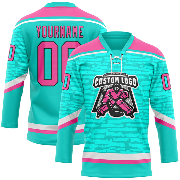 Custom Aqua Pink Black-White 3D Pattern Fragment Art Hockey Lace Neck Jersey