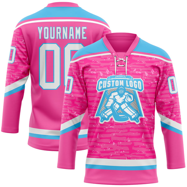 Custom Pink White-Sky Blue 3D Pattern Fragment Art Hockey Lace Neck Jersey