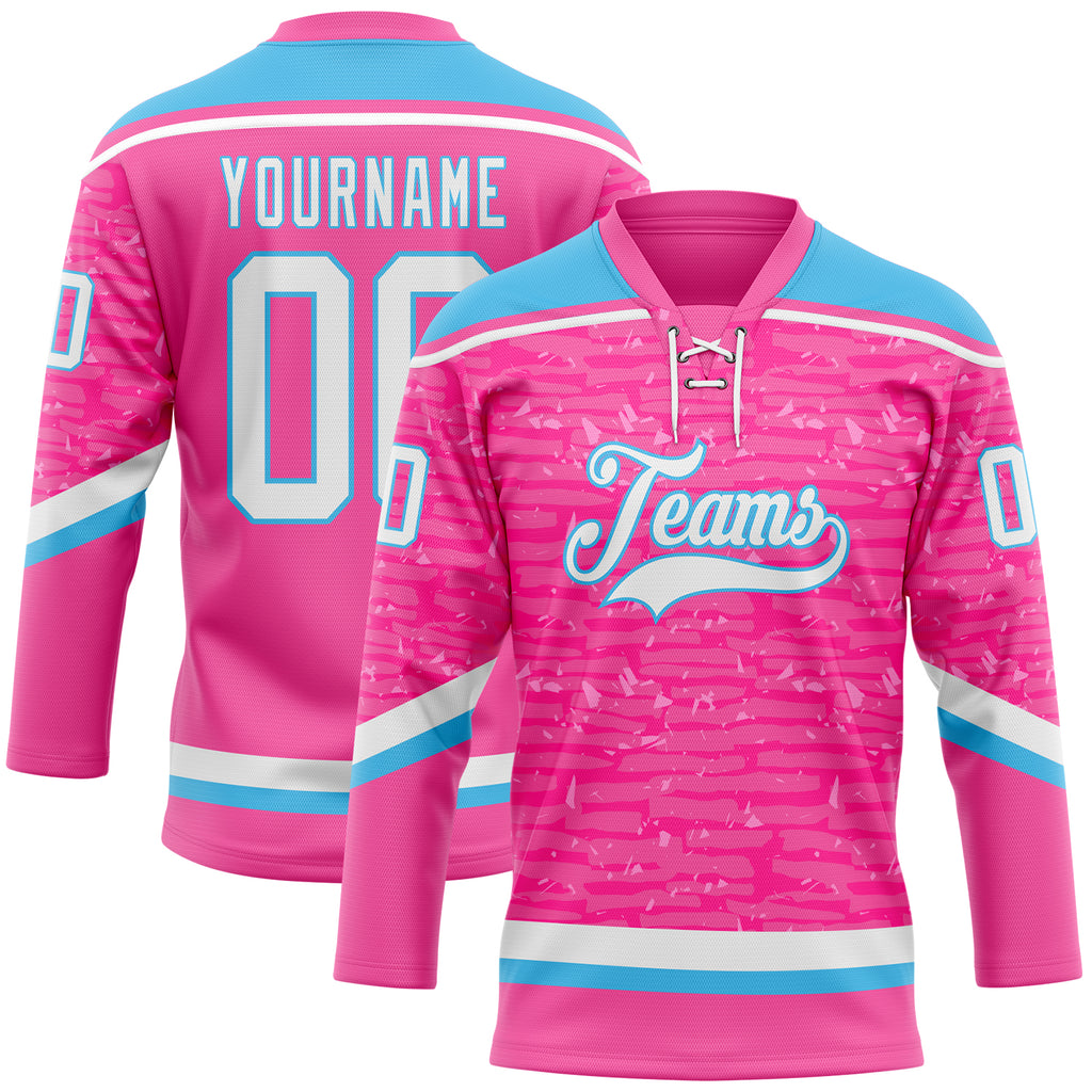 Custom Pink White-Sky Blue 3D Pattern Fragment Art Hockey Lace Neck Jersey