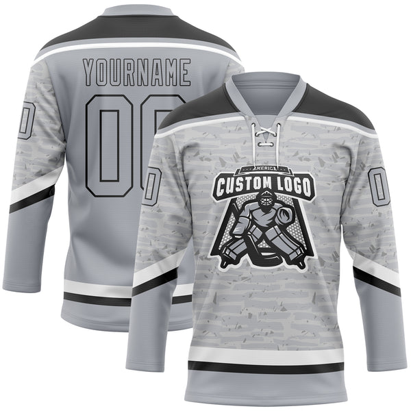 Custom Gray Black-White 3D Pattern Fragment Art Hockey Lace Neck Jersey