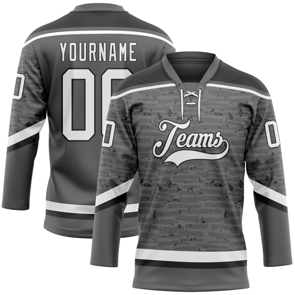 Custom Steel Gray White-Black 3D Pattern Fragment Art Hockey Lace Neck Jersey