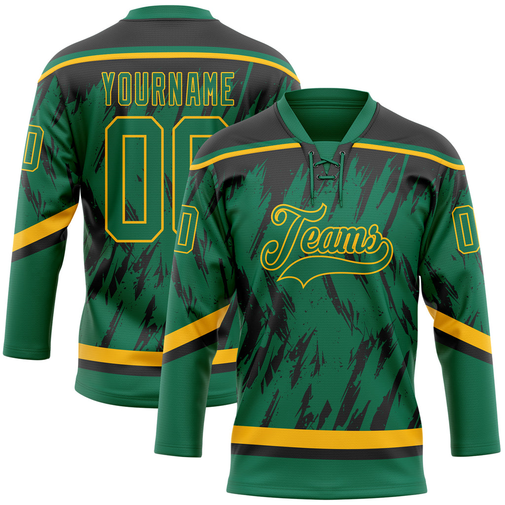 Custom Kelly Green Gold-Black 3D Pattern Splash Art Hockey Lace Neck Jersey