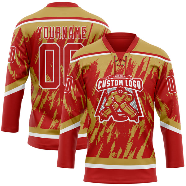 Custom Red Old Gold-White 3D Pattern Splash Art Hockey Lace Neck Jersey