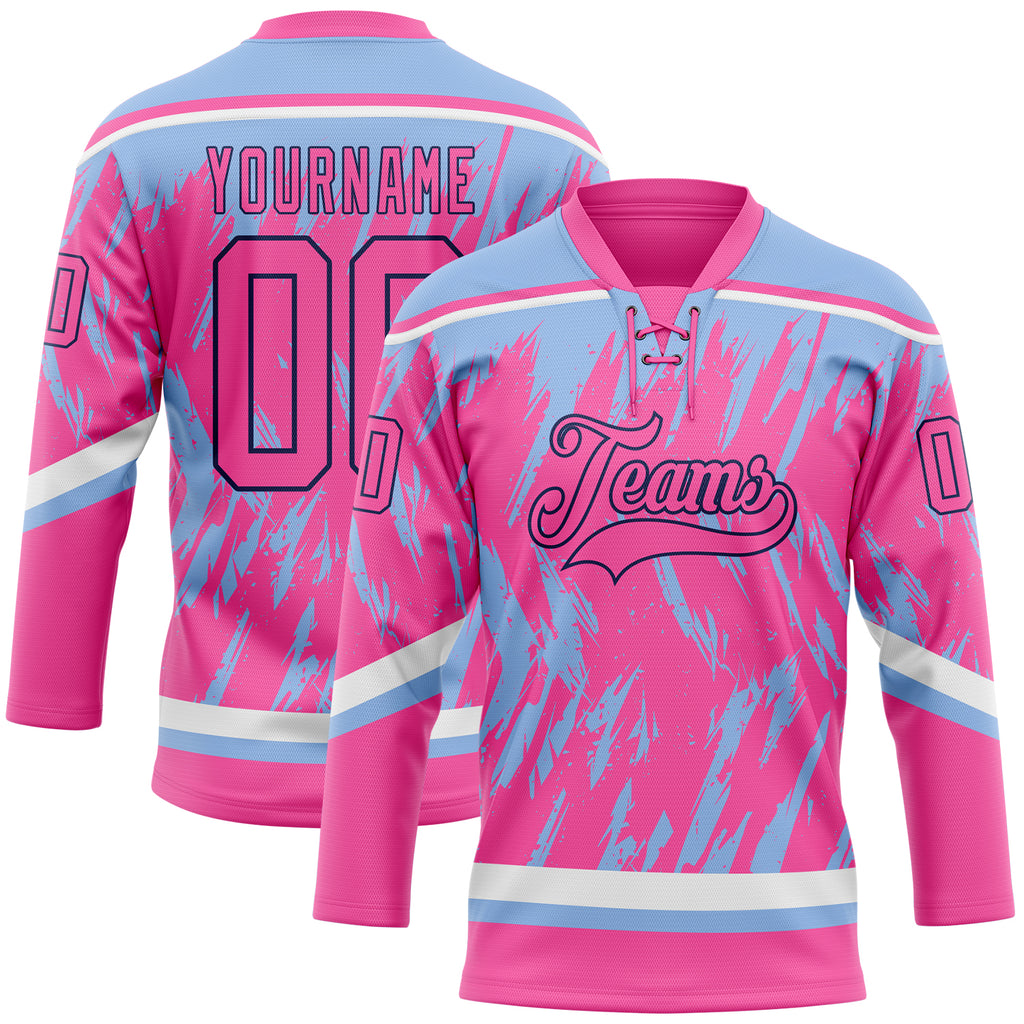 Custom Pink Light Blue Navy-White 3D Pattern Splash Art Hockey Lace Neck Jersey