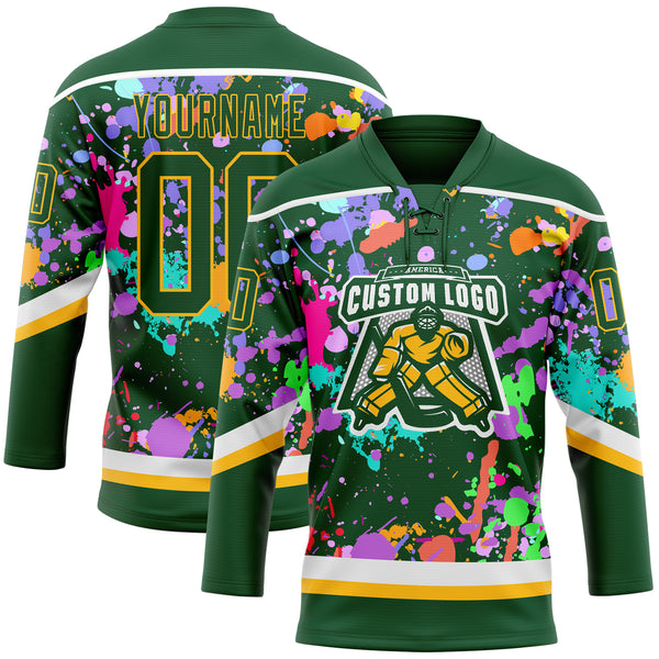 Custom Graffiti Pattern Green Gold-White 3D Pattern Splash Art Hockey Lace Neck Jersey