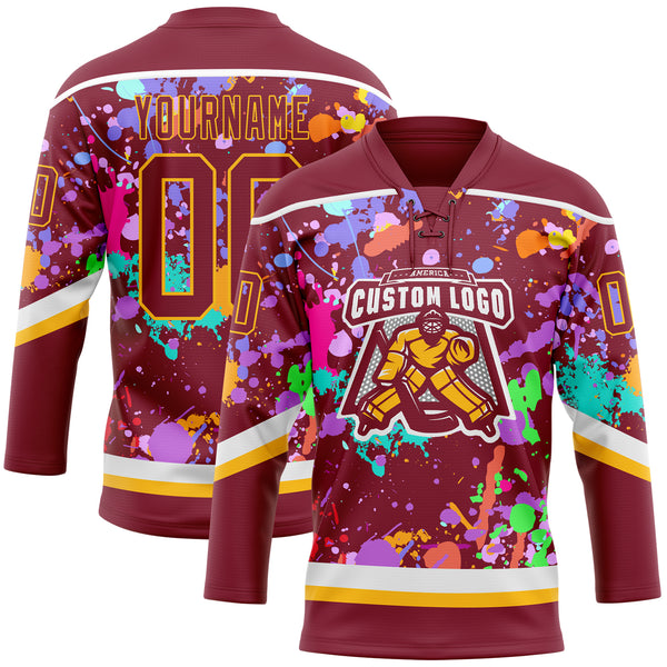 Custom Graffiti Pattern Crimson Gold-White 3D Pattern Splash Art Hockey Lace Neck Jersey