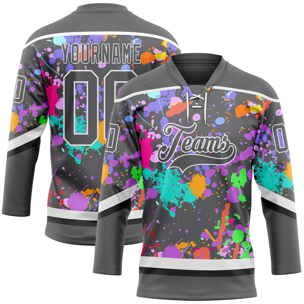 Custom Graffiti Pattern Steel Gray Black-White 3D Pattern Splash Art Hockey Lace Neck Jersey