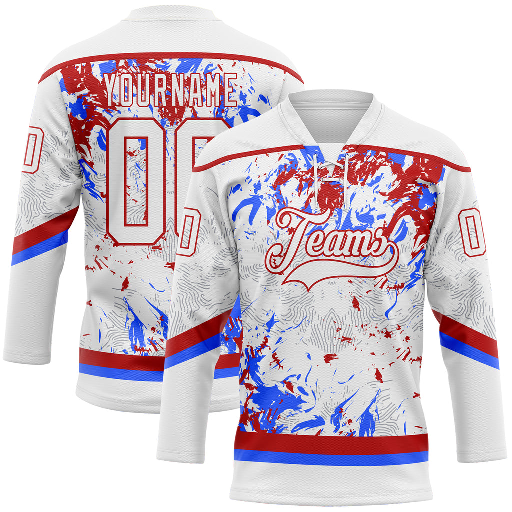 Custom White Red-Royal 3D Fluid Art Splash Hockey Lace Neck Jersey