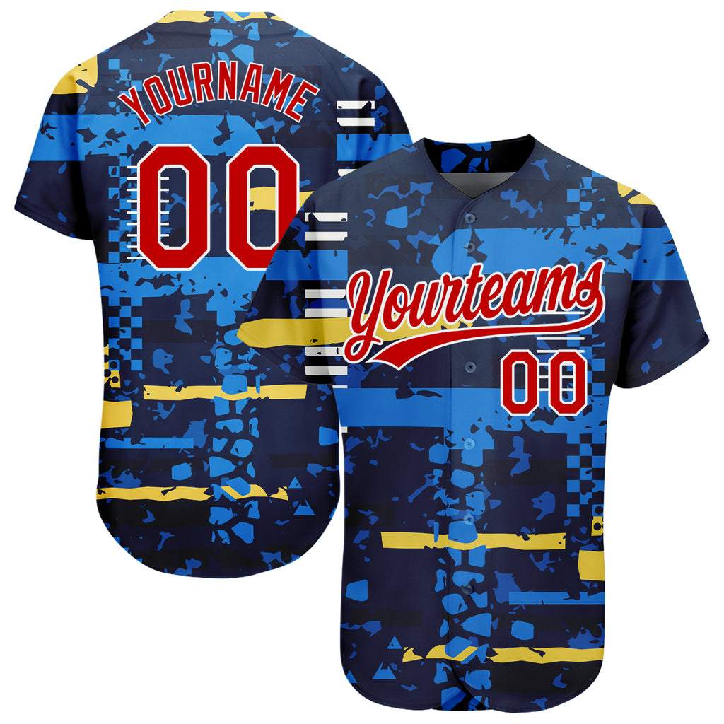 Custom Navy Red-White 3D Pattern Design Authentic Baseball Jersey