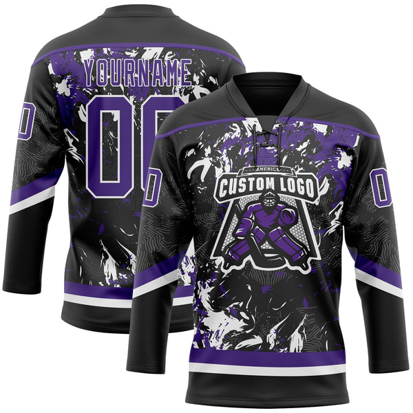 Custom Black Purple-White 3D Fluid Art Splash Hockey Lace Neck Jersey