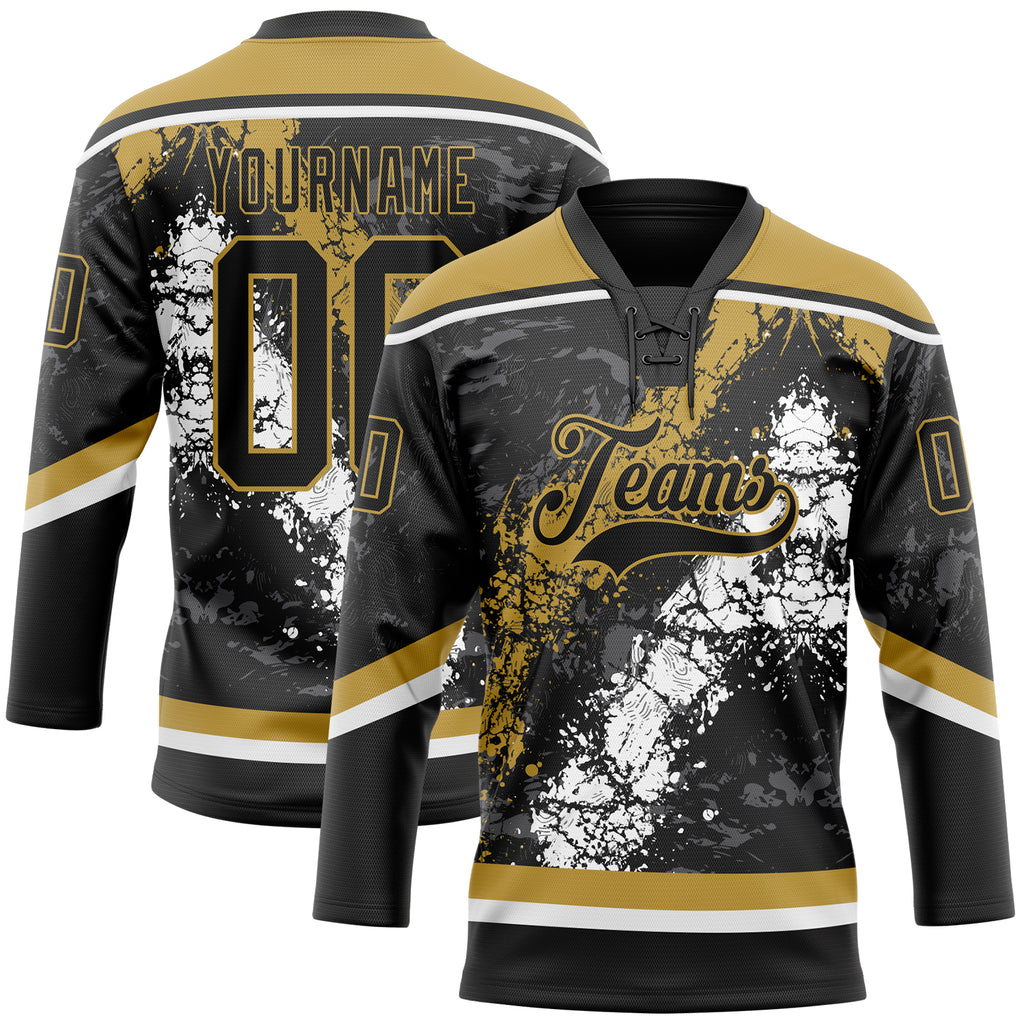 Custom Black Old Gold-White 3D Splash Art Hockey Lace Neck Jersey