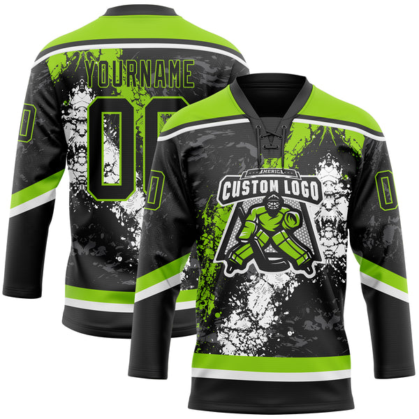 Custom Black Neon Green-White 3D Splash Art Hockey Lace Neck Jersey